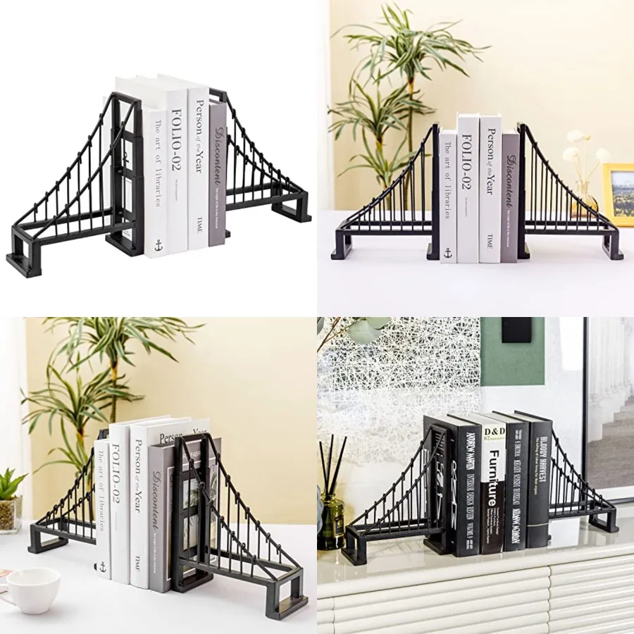 

Decorative Bookends for Heavy Books, Metal Suspension Bridge Design Book End Shelf Decor, Architect Book Stopper Holder Stand,