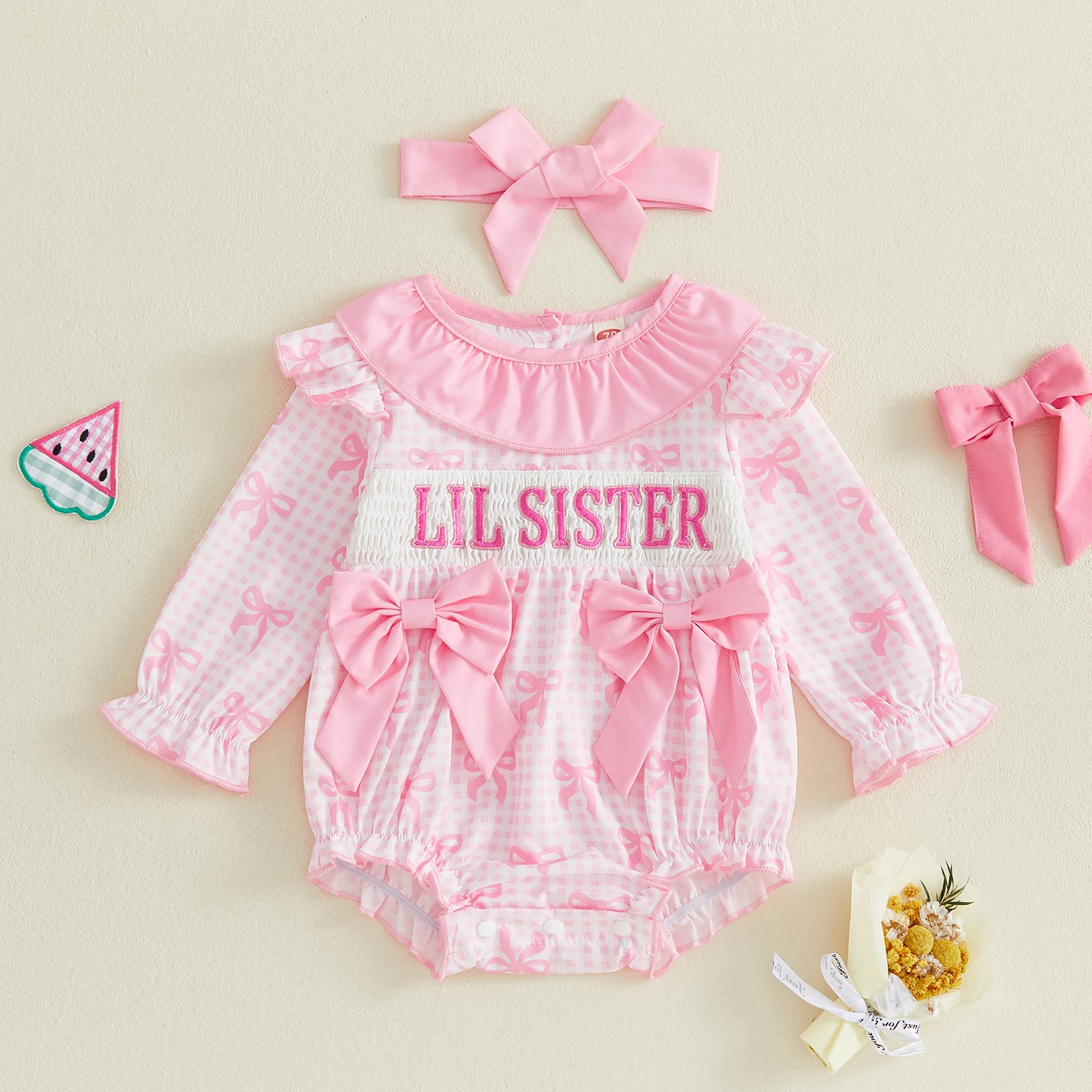 Sweet Baby Girl Fall Bodysuits Outfits Long Sleeve Round Neck Bowknot Romper with Headband