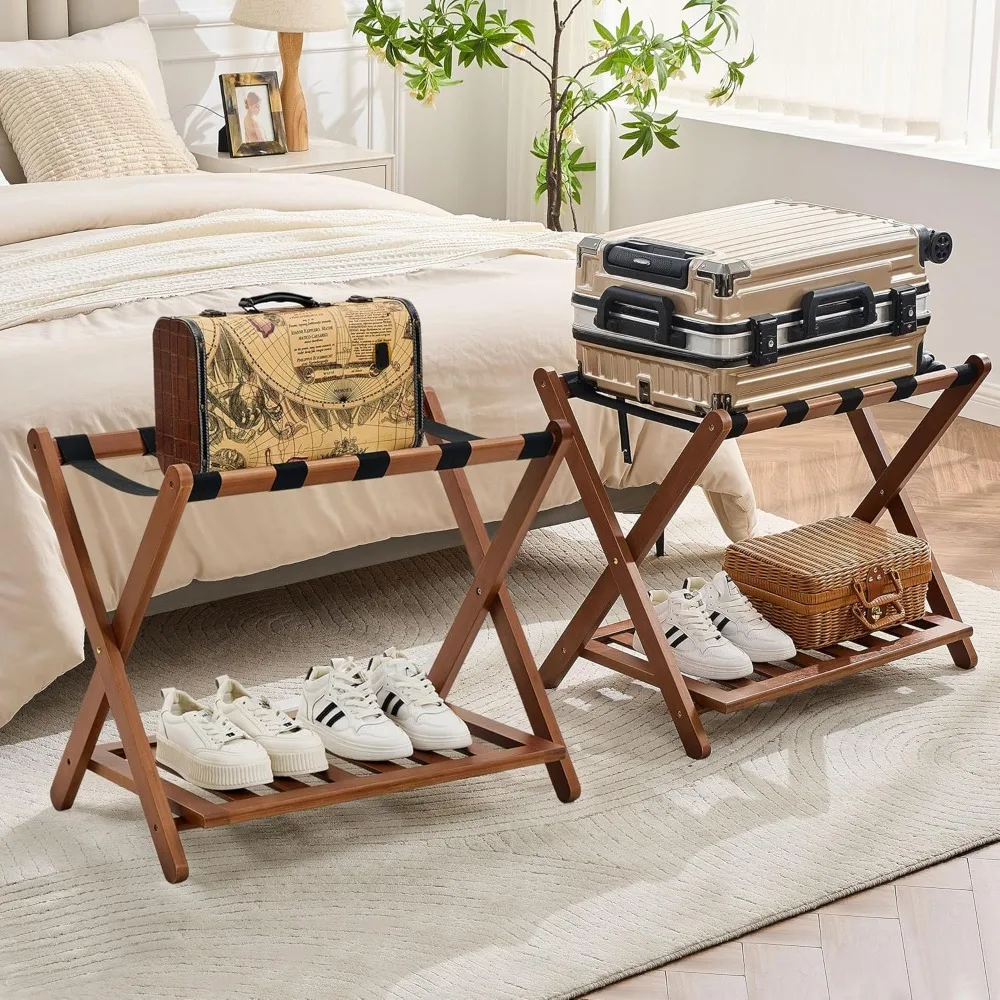 

2 Set of Fully Assembled Walnut Luggage Rack, 26.77 inch Folding Iuggage Rack, w/5 nylon straps&storage rack, Hold up to 165 Lb