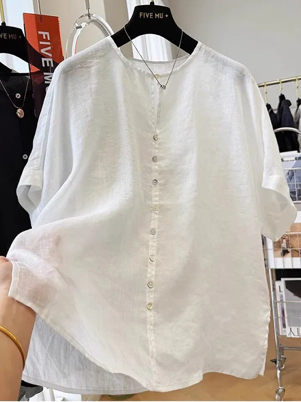 

plus Size Women's Summer Shirt Loose Fit Linen Cotton Short Sleeve Transparent Thin Breathable Light Weight Casual Top