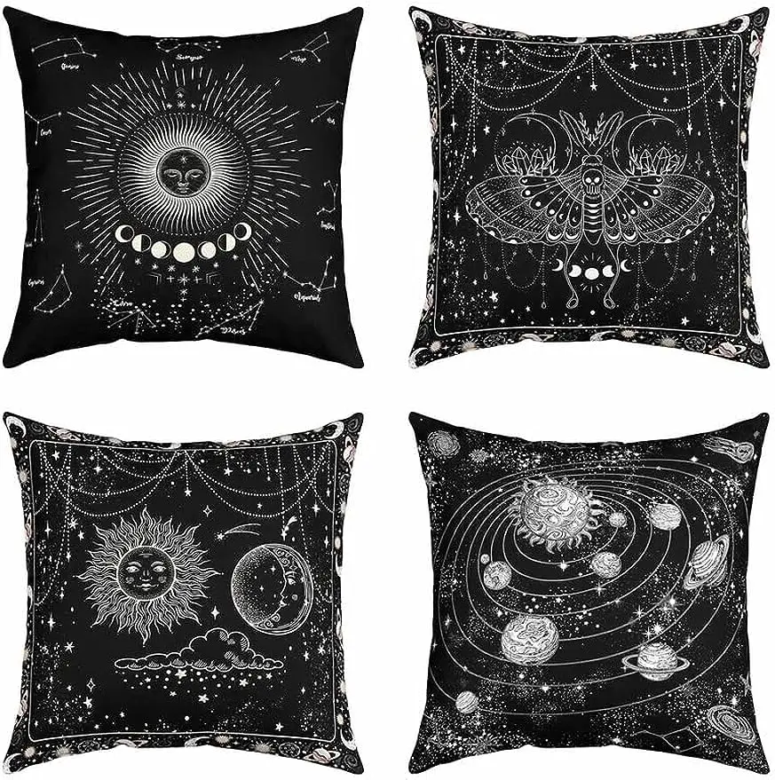 Home Decor Cosmic Patterns: Sun, Moon, and Moth Pillow Covers Pattern Cushion Cover Suitable for Sofa Bedroom Car Pillow Cover