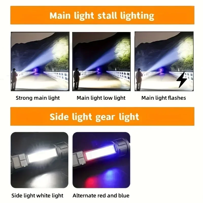 Powerful LED Flashlight Type C Rechargeable Waterproof Torch with Side Light 5 Modes Zoomable Lamp for Camping Fishing Lantern