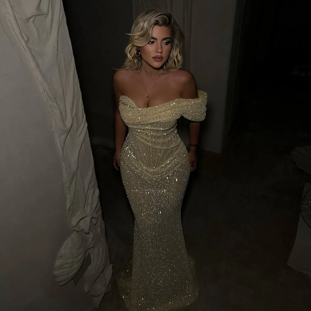 Champagne Evening Dresses 2025 One Shoulder Sequin Mermaid Prom Gown Arabic Dubai Formal Occasion Wedding Party Dress Customized