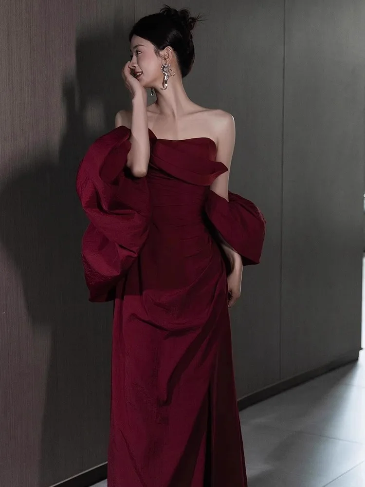 2025 French Satin High-End Design Strapless Toasting Wedding Engagement Red Banquet Host Evening Dress Slim Long Dress