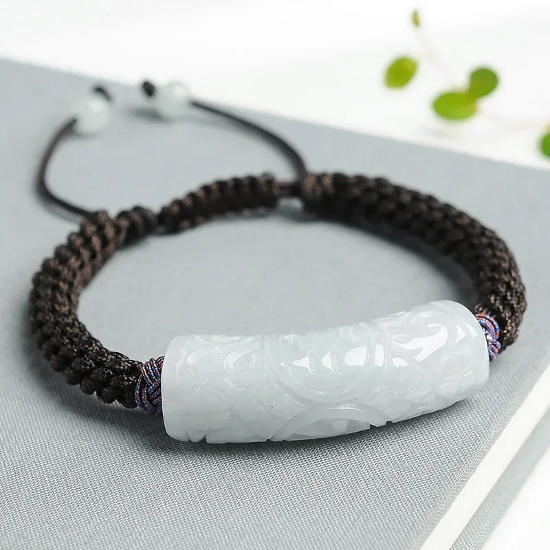 Pulseira de corda tecida artesanal para homens e mulheres, transferência de corda, barra curva de jade natural grau A, pulseira contínua sorte para casal