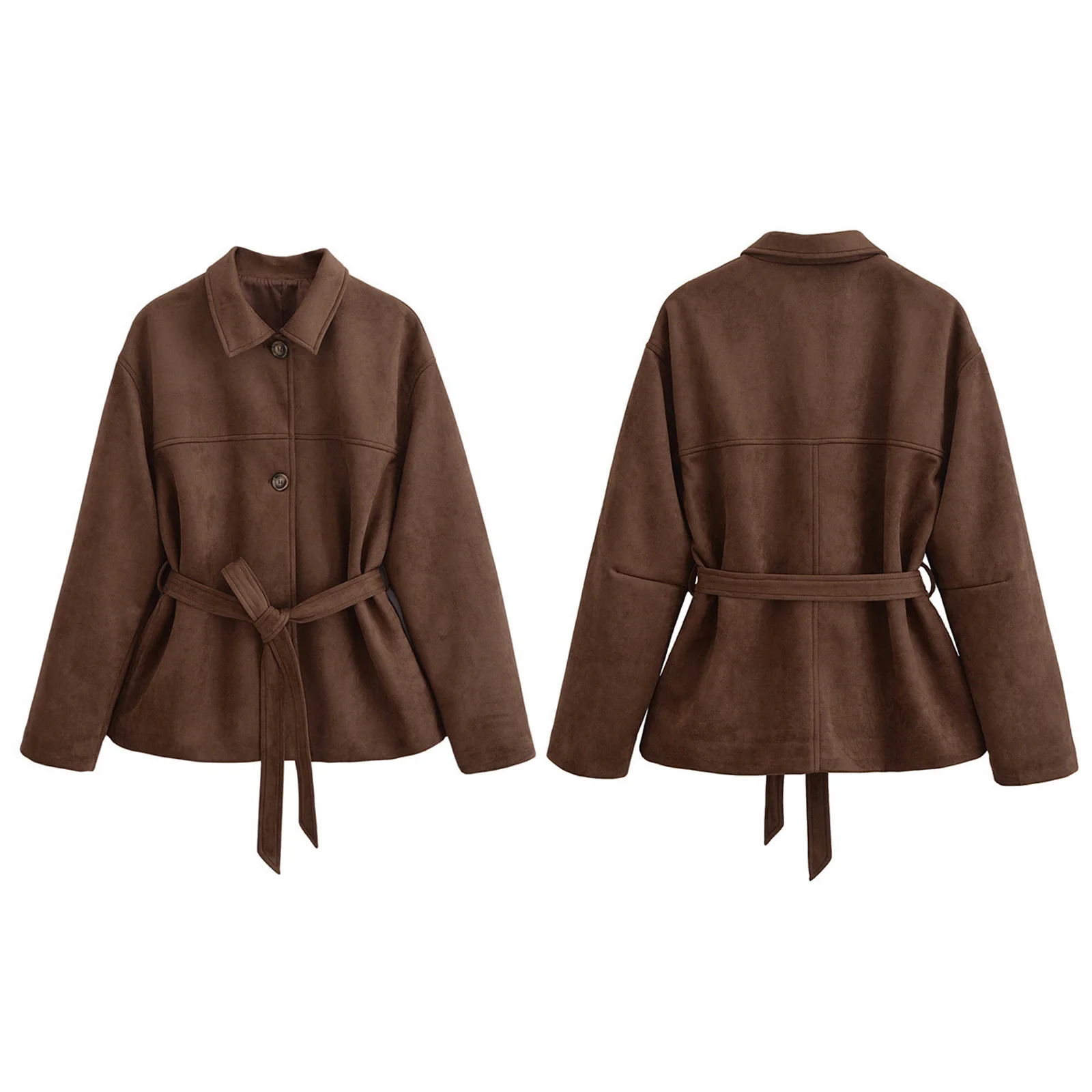 Women Faux Suede Lapel Jacket Retro Coat Long Sleeve Front Button-down Side Pockets Belted Cropped Outerwear for Daily Casual