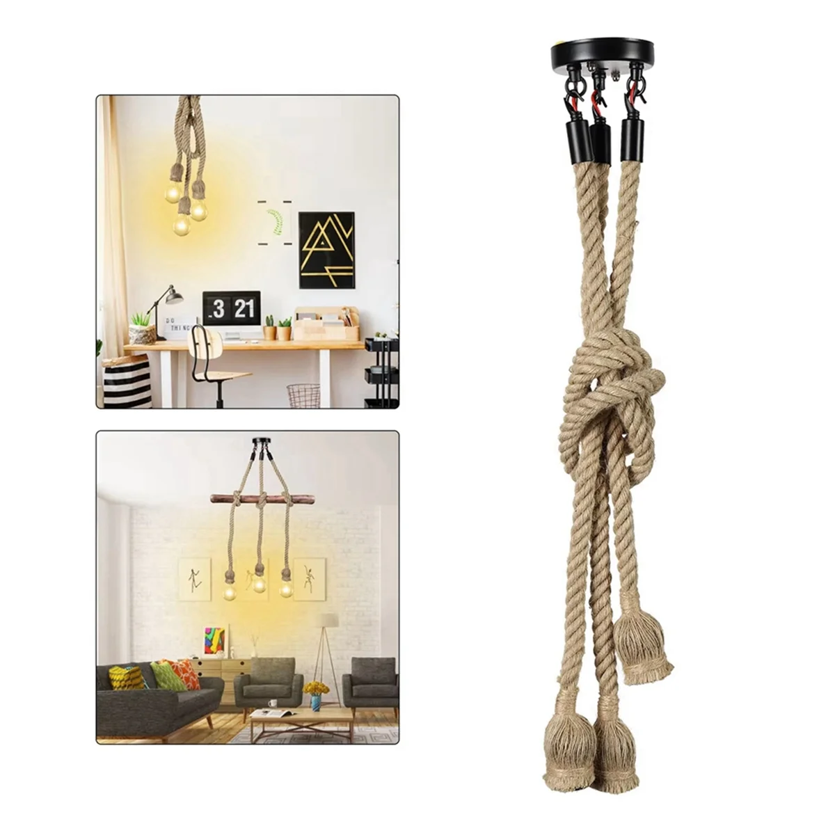 BFYLE 1 M 3 หัว LED โคมไฟระย้าอุตสาหกรรม Retro กัญชาเชือกโคมไฟเพดานตกแต่งบ้านจี้ไฟไม่มีแสง