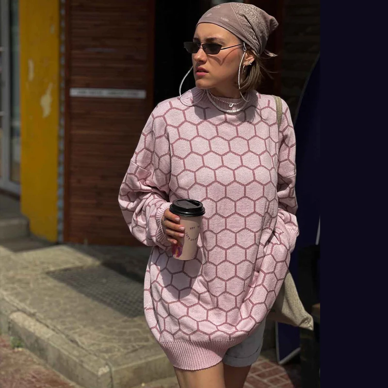 MSCSZ Fashion Geometric Printed Woman Sweater 2024 Crew Neck Long Sleeve Oversized Sweater Pullover Autumn Winter Long Sweaters