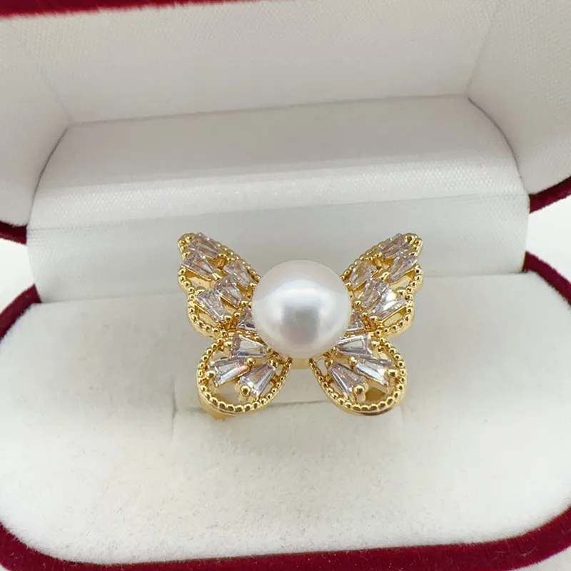 

New Arrival Shiny Crystal Butterfly Design 100% Real Natural Pearl Ring 14K Gold Filled Female Girl Ring Jewelry For Woman Gift