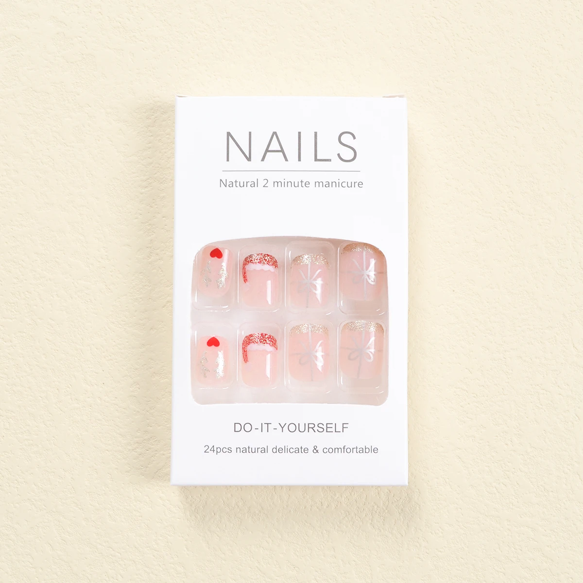 24-częściowa krótka owalna naszywka na paznokcie Seria świąteczna Złota cienka lampa błyskowa Francuska czapka świąteczna Linia kokardki Wzór noszenia Zestaw zbroi