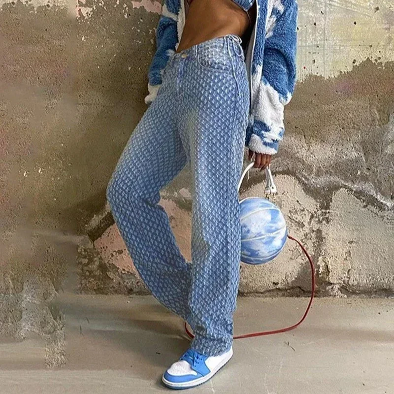 Women Vintage Denim Pants High-Waist Trousers Hollow Ripped Party Club Loose Straight Jeans Bottoms 90s Aesthetic Streetwear