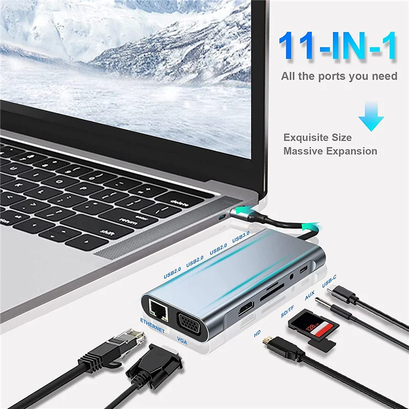 محطة إرساء USB C HUB ، متوافقة مع 4K HDMI ، VGA ، منفذ USB ، نوع C ، RJ45 ، إيثرنت ، SD ، قارئ بطاقة TF ، 11 في 1