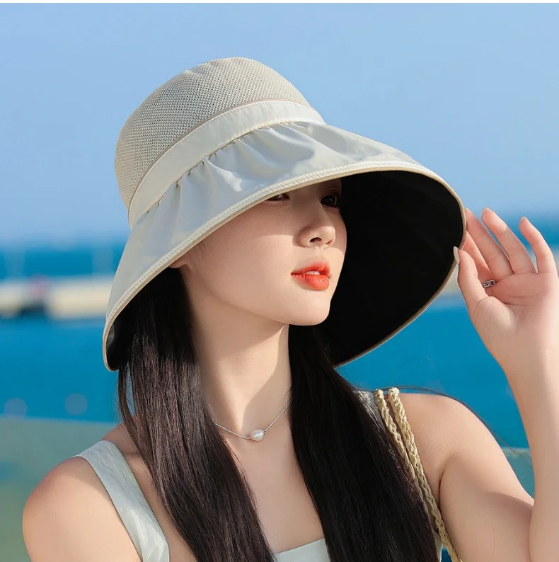 Sunscreen Hat Women Summer Outdoor Large Brim UV Breathable Sun Hat Foldable Korean Vinyl Fisherman's Hat Beach UPF50+ 56-58cm