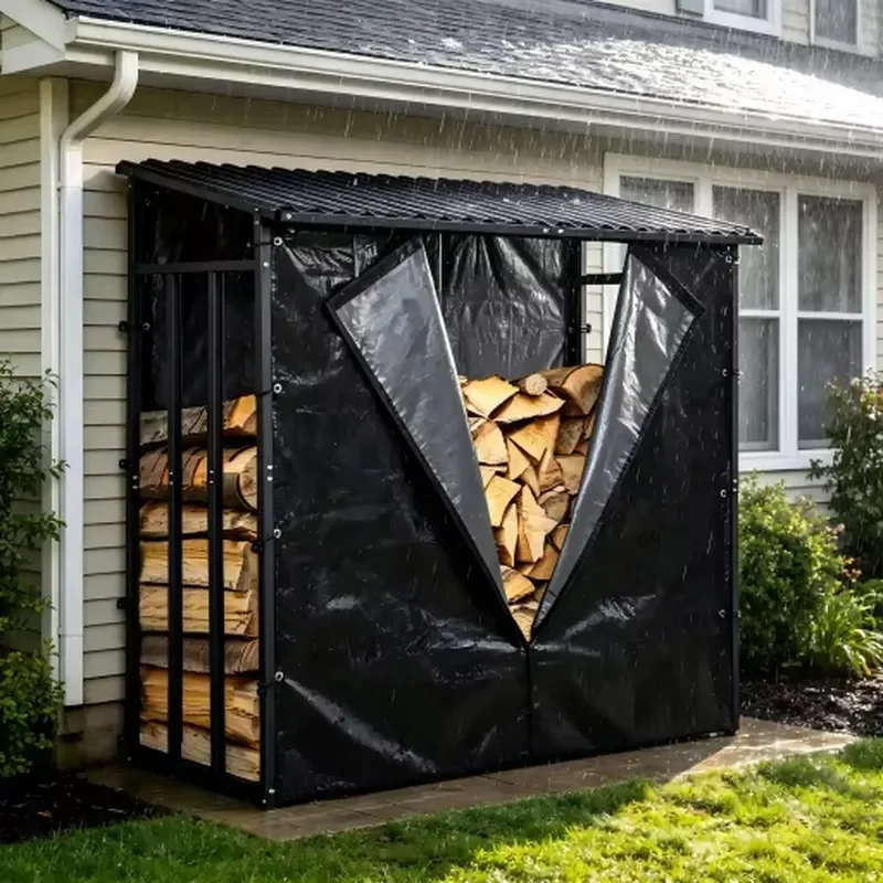 Firewood Rack with Sloped Roof and Cover Outdoor Log Storage Shed Powder Coated Metal Holder for Fireplace Deck Backyard