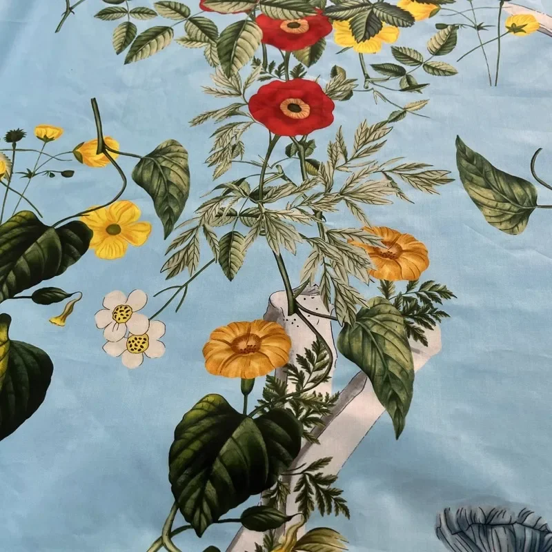 Brand Blue and White Plant Flower Digital Printing Simulation Silk twill Cotton Fabric High Quality Clothing Dress DIY Fabric