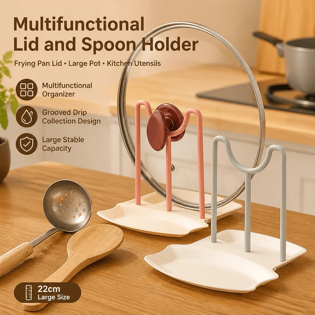 Kitchen Organizer Utensil Holder Pot Lid Stand Countertop Storage Spoon Rest Grooved Drip Tray Heat-Safe PP Large Capacity Rack