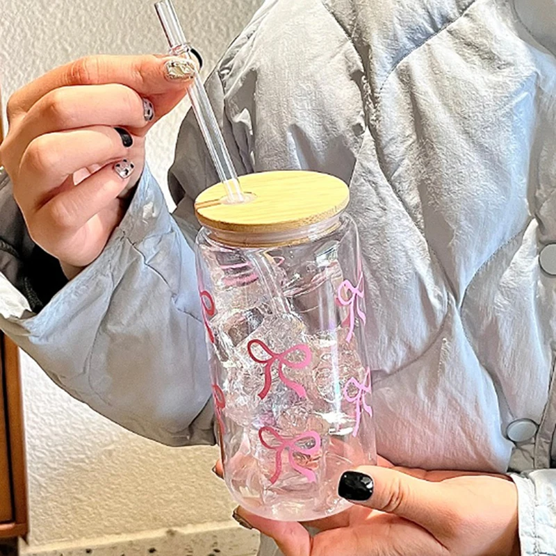 1szt Szklana kokardka Urocza kreskówkowa kokardka Szklany kubek Urocza filiżanka do kawy Graffiti Domowa herbata owocowa Lemoniada Prezent dla dziewczyny