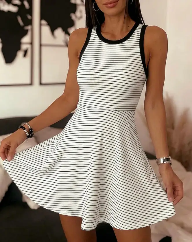 

Women's Dress Summer New Fashion Y2K Girl Style Color Blocked Striped Print Round Neck High Waisted A-Line Sleeveless Dress