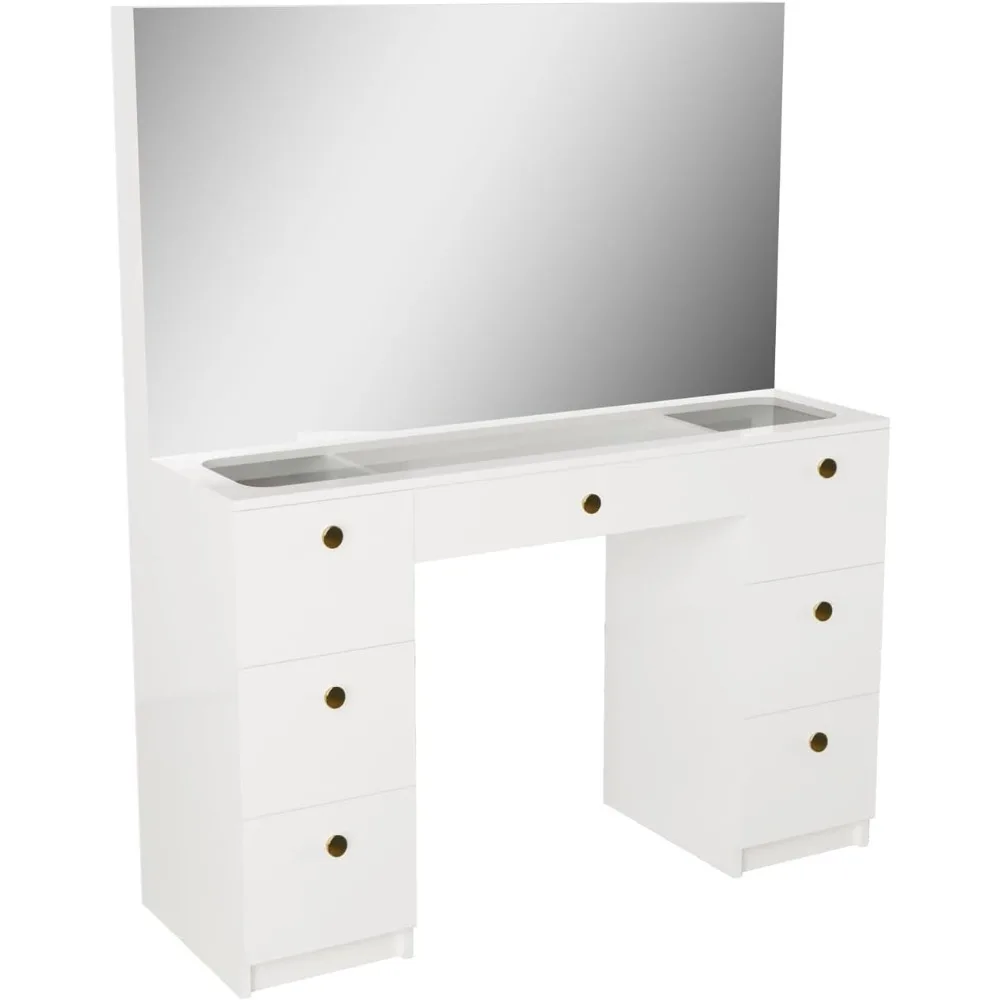 Modern White Vanity with Wide Hollywood Mirror and 7 Drawers, Golden Knobs. Small Vanity with Glass Top, Bedroom Set Vanity