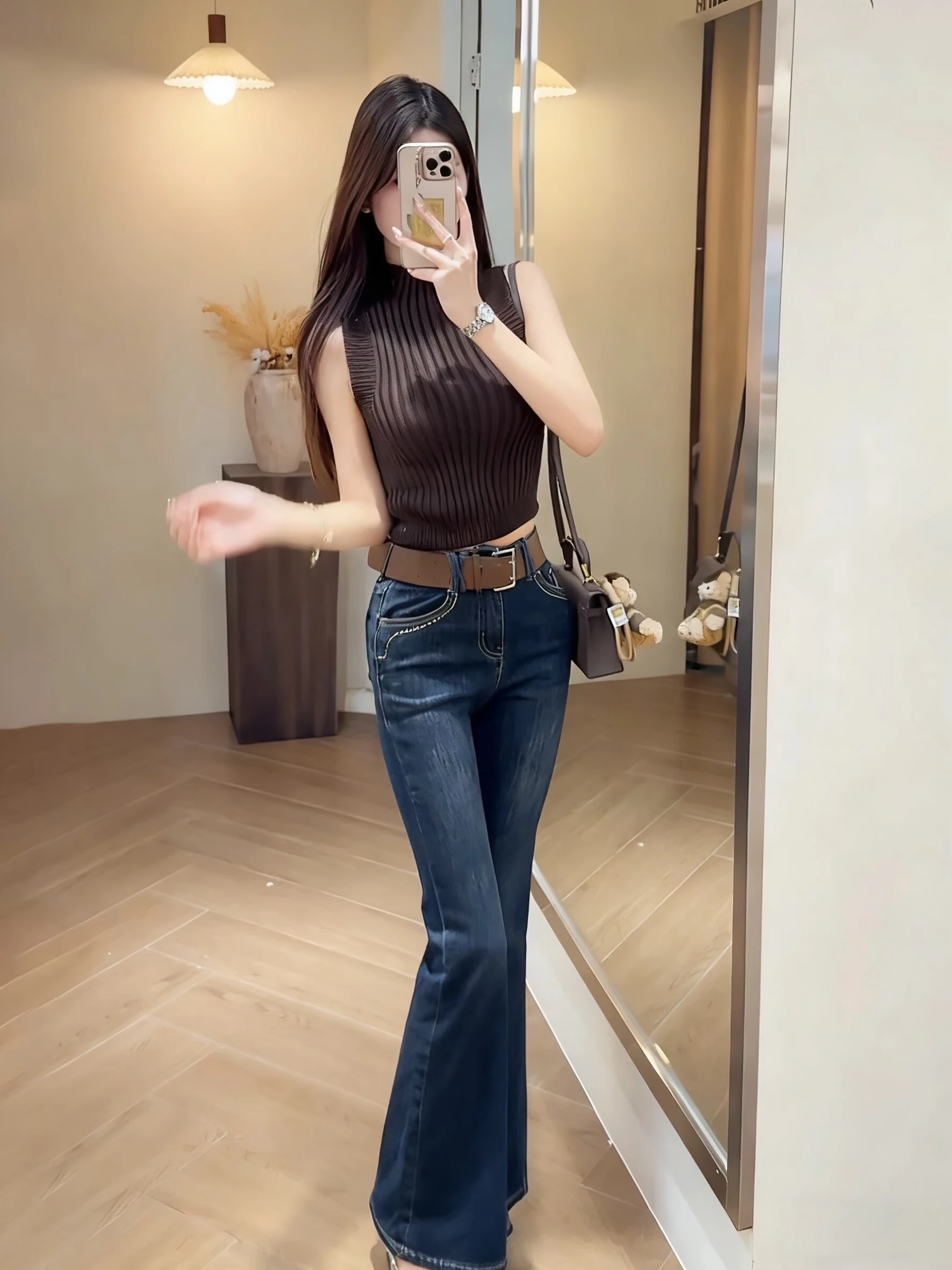 

Retro High Waist Slim Fit Jeans Women's Bell Bot Elastic Deep Blue Frayed Versatile Straight Leg Denim Pants