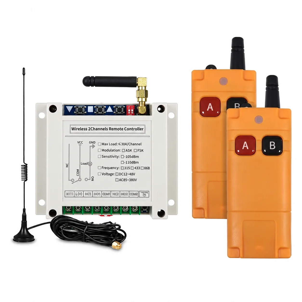 RF 433MHz Wireless Industrial Remote Control Switch AC 220V-380V 2 CH Relay Receiver for Factory Motor Control Traffic Gate Door