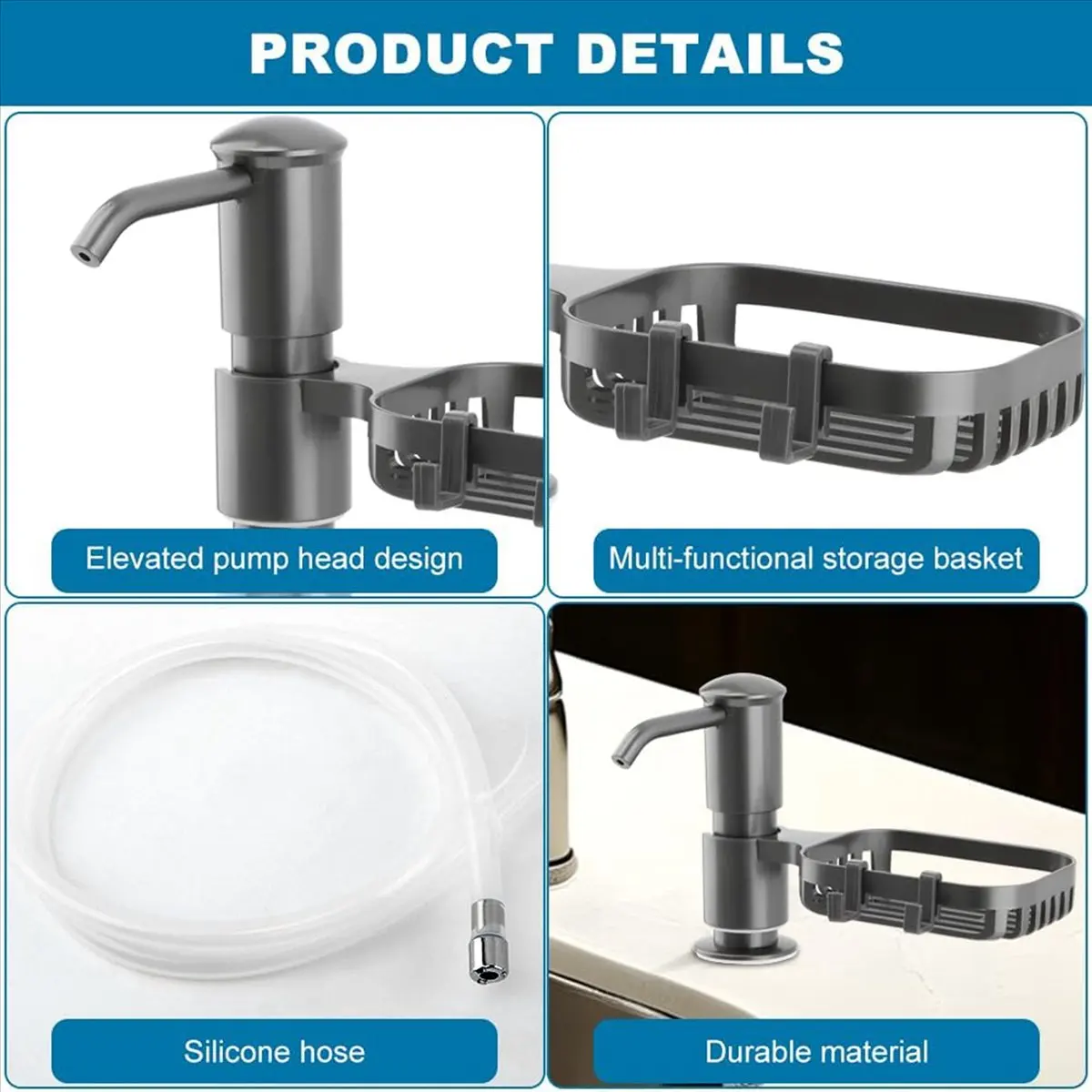 A08I Soap Dispenser for Kitchen Sink,Built in Soap Dispenser Pump with Sponge Holder & Extension Tube Kit for Under Counter,B