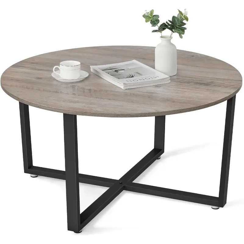 Round Coffee, Industrial Style Cocktail Table, Durable Metal Frame, Easy to Assemble, for Living Room