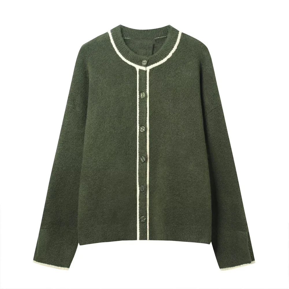 

Женский вязаный кардиган с круглым вырезом и длинными рукавами контрастного цвета, однобортный простой повседневный свитер, осенний новый шикарный топ