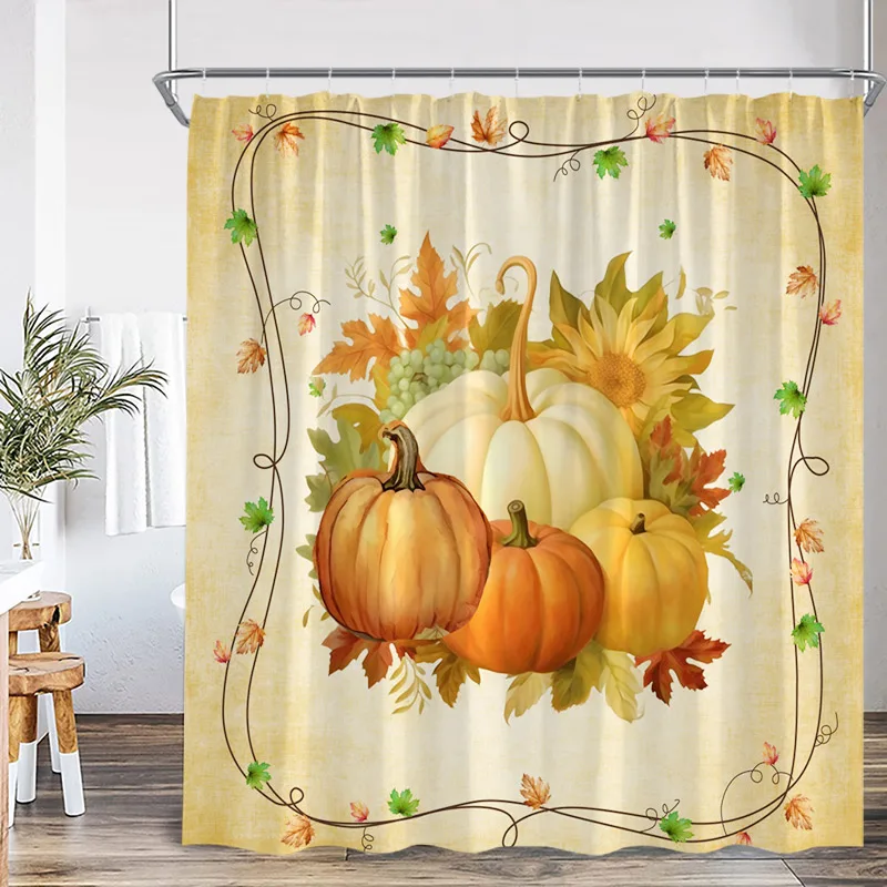 Autumn Pumpkin Shower Curtains Fall Watercolour Plant Leaves Modern Minimalist Polyester Fabric Home Bathroom Decor With Hooks