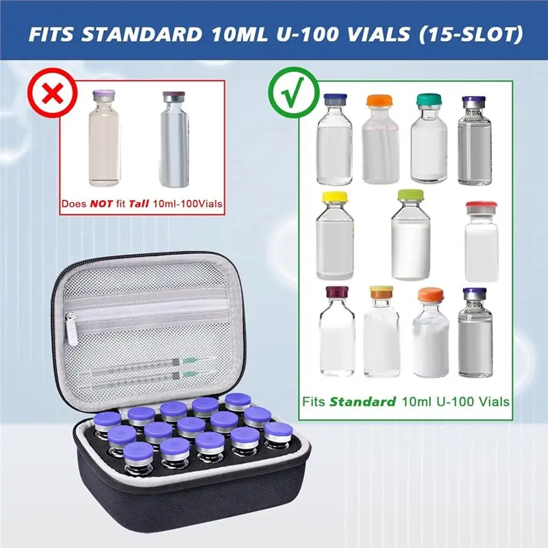 ABYP 인슐린 바이알 보호 정리 가방 15 슬롯 - 당뇨병 환자를 위한 1ml, 3ml, 5ml 및 10ml 보호 케이스