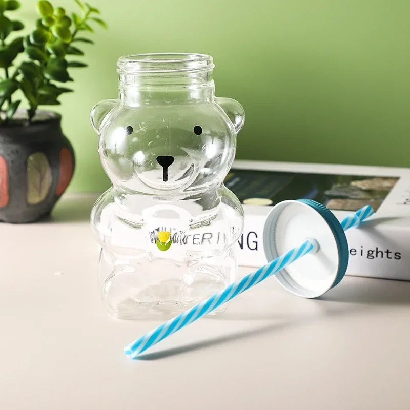 Cartoon Bear Shape Glass Cup with Straw - Cute Transparent Drinking Bottle, BPA-Free Portable Water Bottle for School, Outdoor