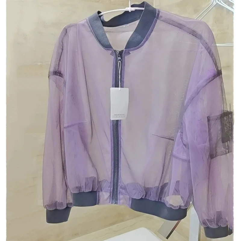 Summer Baseball Gauze Cropped Jacket Women Korean Fashion Lightweight Sun Protection Outerwear Long Sleeve Tops Casual Chaquetas