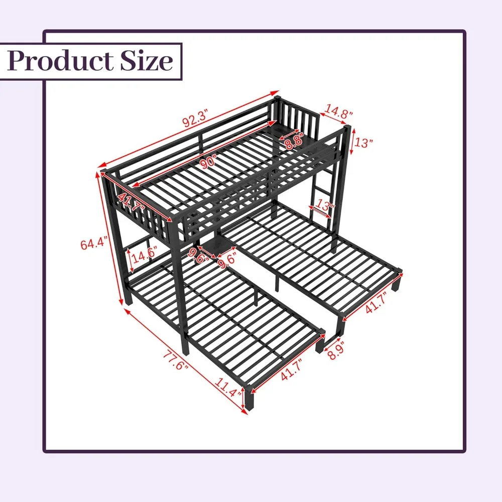 Bunk Bed with LED Lights, Metal Bunk Beds Convertible to 3 Beds with Charging Station, Heavy Duty Bunk Bed Frame with Guard