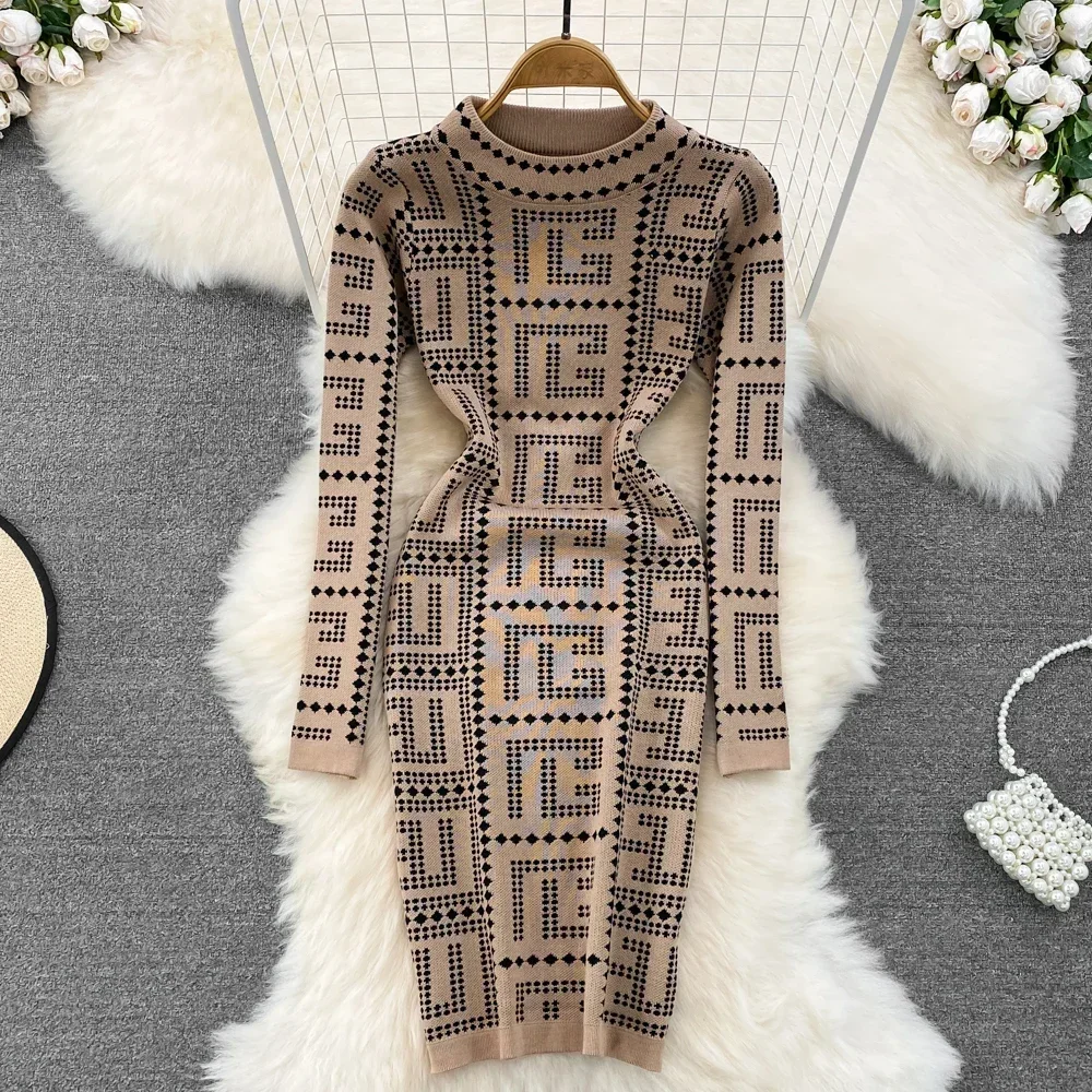 Autumn & Winter Women High Grade Fashion Geometric Prom Knitted Sweater Dress Above Knees Party Jacquard Wrapped Hip Dresses New