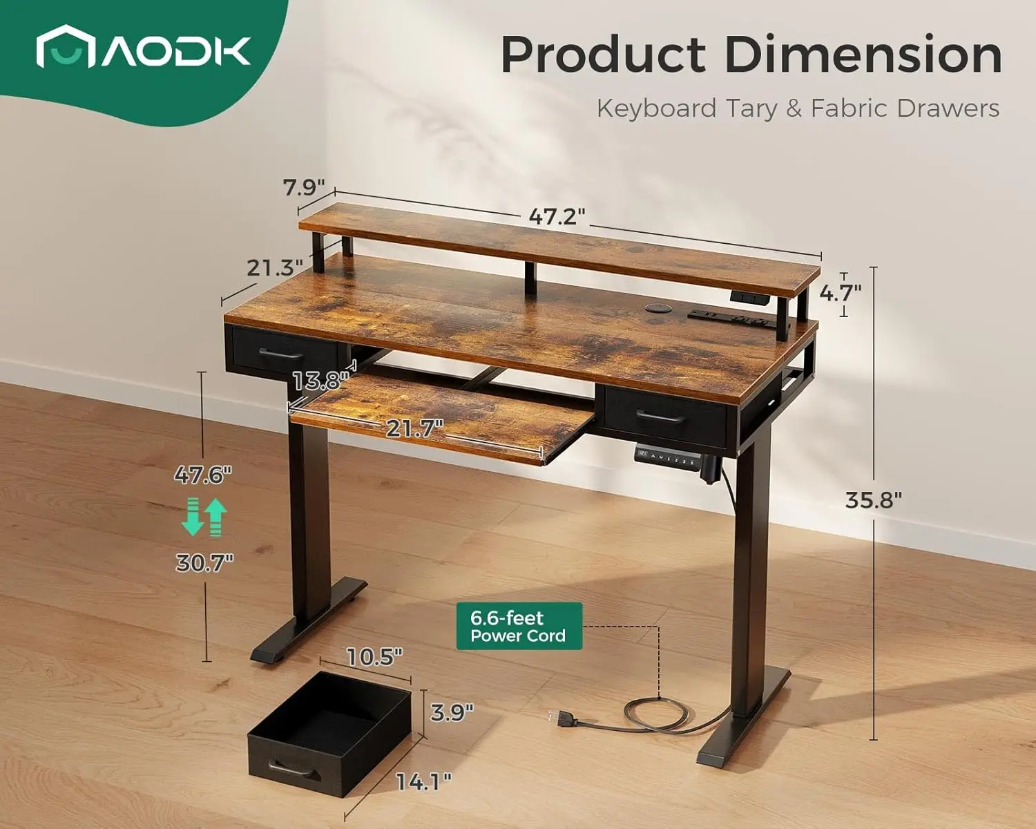 AODK-Secretária Elétrica em Pé com Gavetas, Mesa Pequena Ajustável, 47 "Altura, Bandeja Do Teclado, Tomadas De Energia, Luzes LED