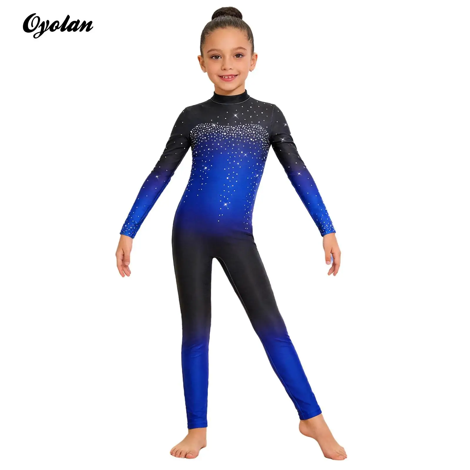 

Kids Girls Sparkly Rhinestone Gymnastics Figure Skating Jumpsuit Long Sleeve Bodysuit Ballet Dance Unitard Performance Costume