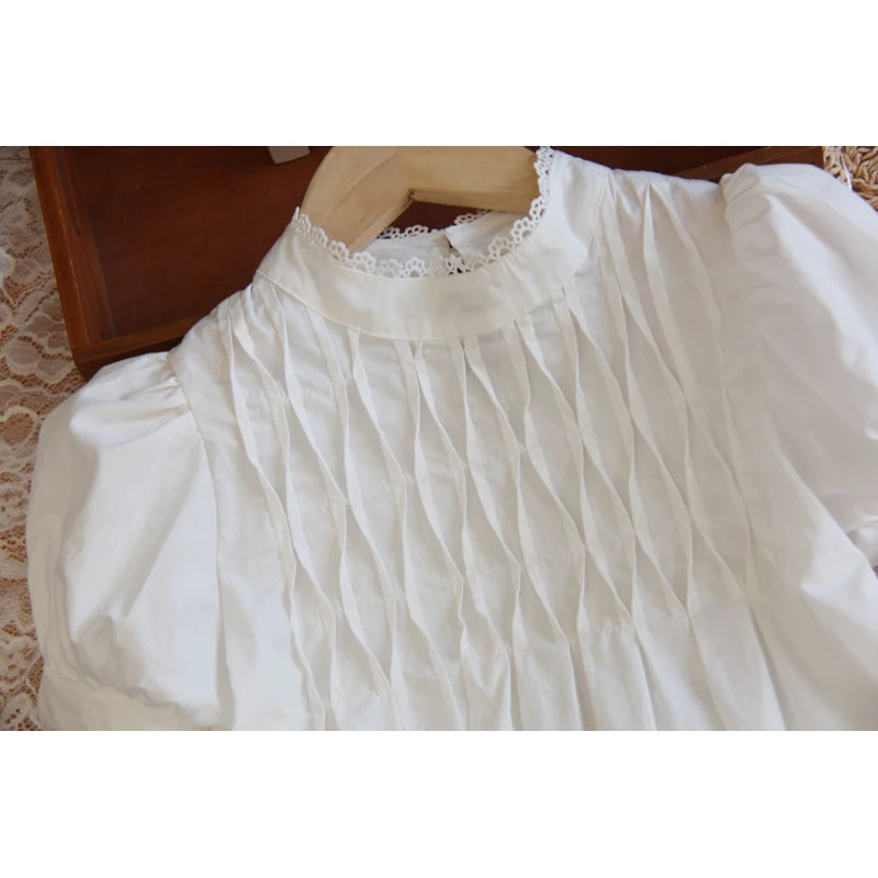 Blusa de algodão de manga curta para meninas, estilo coreano, com gola de renda, moda, para crianças de 4 a 8 a 16 anos, verão