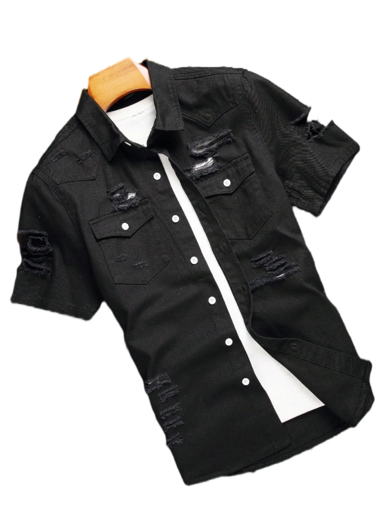 

GELITAYIN Men Ripped Flap Pocket Denim Shirt Without Tee