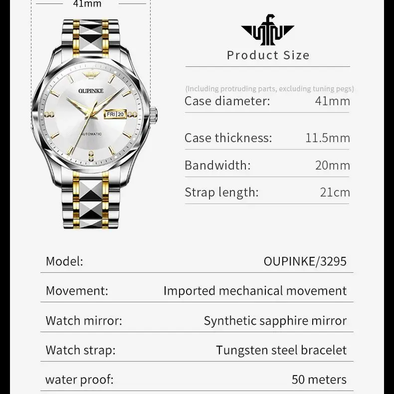 OUPINKE 3295 Jam Tangan Pria Asli Jam Tangan Pria Mekanis Cermin Safir Bercahaya Kedap Air Tanggal Otomatis Berlian