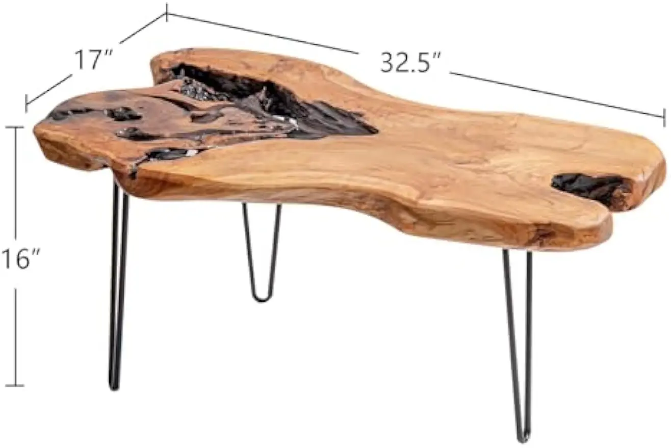 Live Edge Cedar Wood Coffee Table Metal Hairpin Legs for Living Room They from roots or stumps with grain patterns, holes, knots