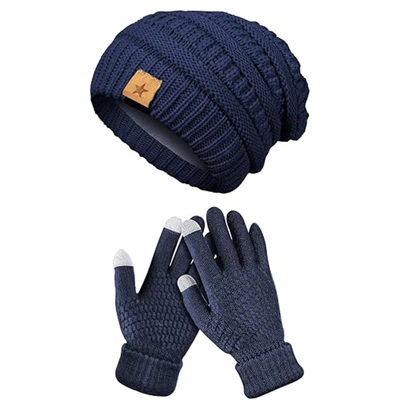 Gorro de invierno, guantes, gorros de invierno de punto de lana cálidos, conjunto de guantes para pantalla táctil, regalos de invierno para adultos unisex