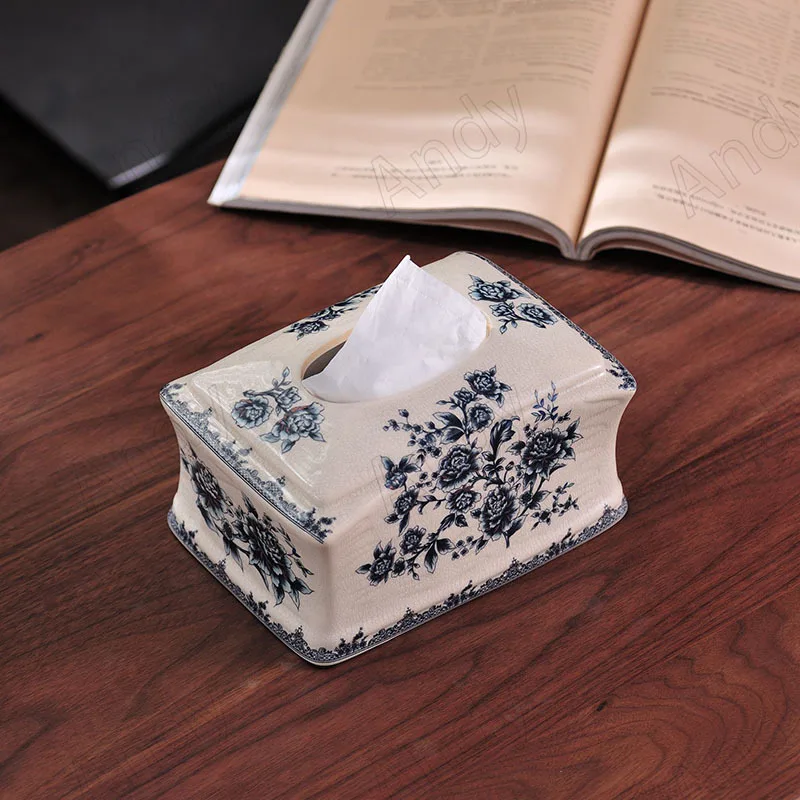 

Modern Ceramic Tissue Box Chinese Blue and White Porcelain Desktop Paper Boxes Ice Crack Decorative Dining Room Napkin Organizer