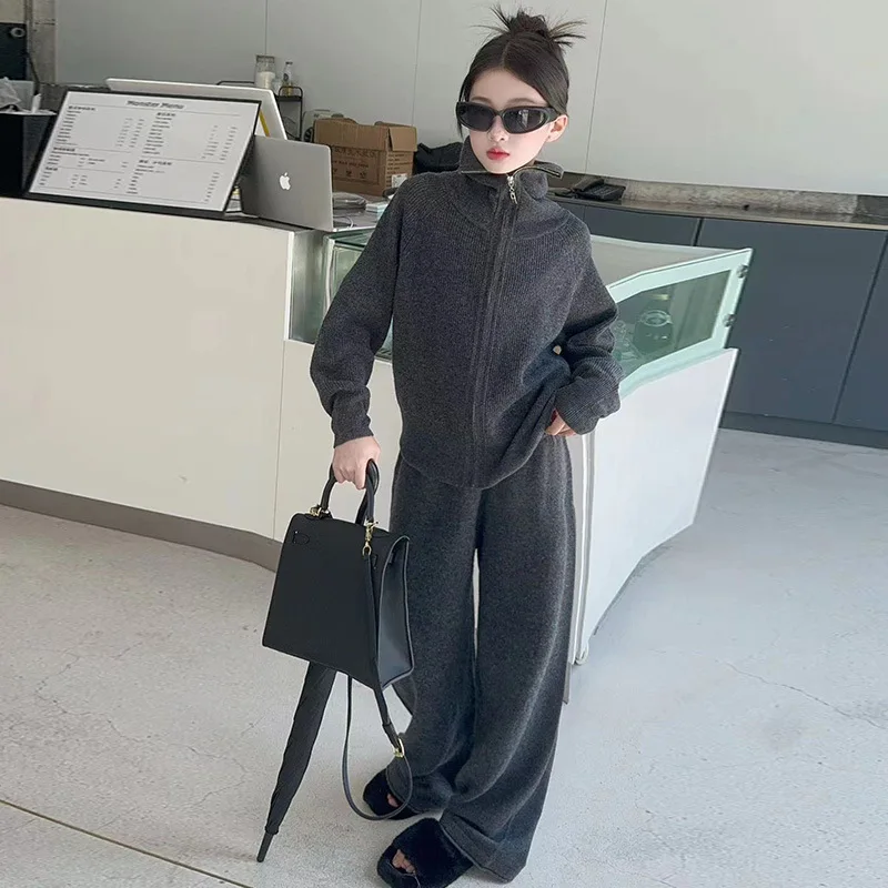 Girls Suits 2024 Fashion Senior Sense Suit Autumn Winter Lazy Zipper Sweater Wide Leg Pants Two-piece Set European Fashion Style