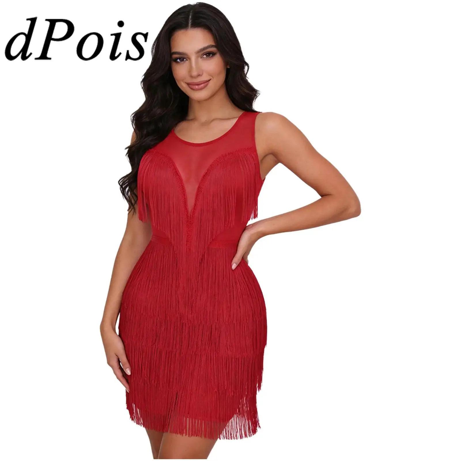 

Womens Fringe Bodycon Mini Dress Party Prom Dress Sleeveless Sheer Mesh Tassel 1920s Themed Party Dress Femme Cocktails Vestidos