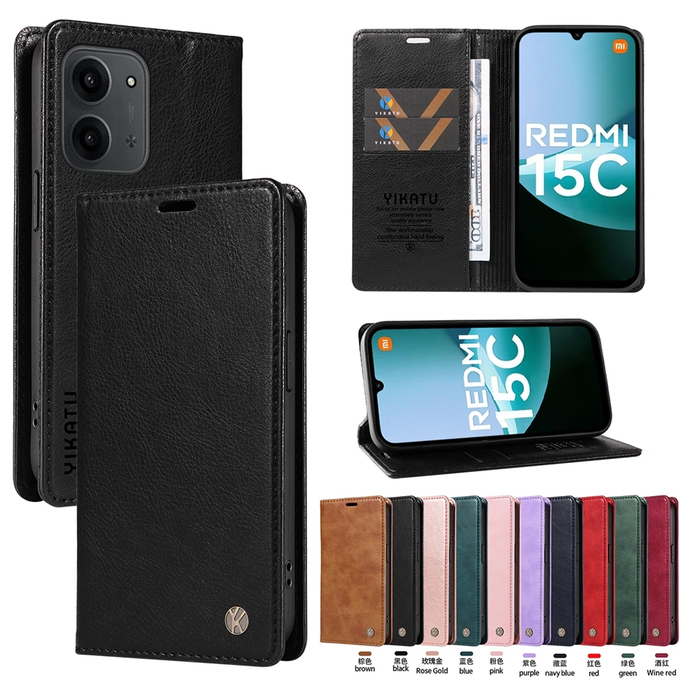 Funda de Cuero Magnética con Tapa para Redmi 15 15C 14C 13 13C 12 12C 10 Prime 10C 10A 9A 9C A5 A3 A1 Plus 171 173 Premium Litchi stria