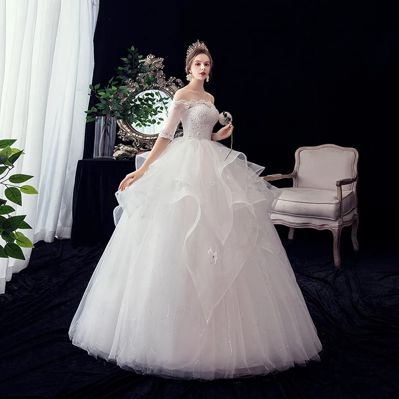 فساتين زفاف مخصصة جديدة بكتف واحد وأكمام متوسطة فستان زفاف برباط مقاس كبير فساتين حفلات مطرزة #3