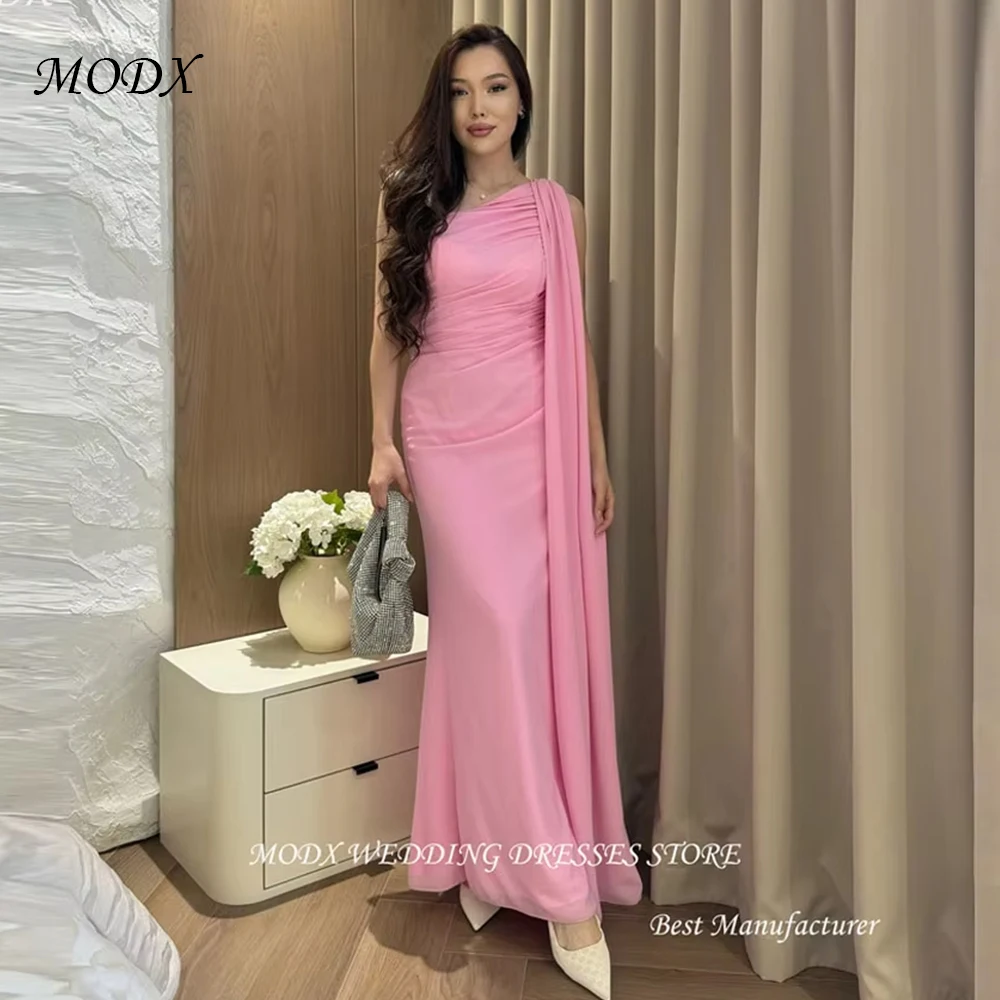 

MODX Pink Evening Dresses Wedding Party Arabic Women One Shoulder Long Cape Sleeve Sweet Prom Gowns Formal Party Dress 2025