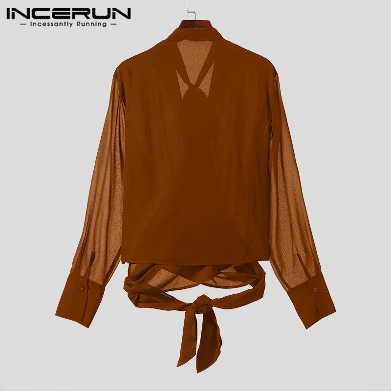 INCERUN Men Shirt Solid Color Transparent V Neck Long Sleeve Lace Up Men Clothing Streetwear 2024 Pleated Fashion Casual Camisas