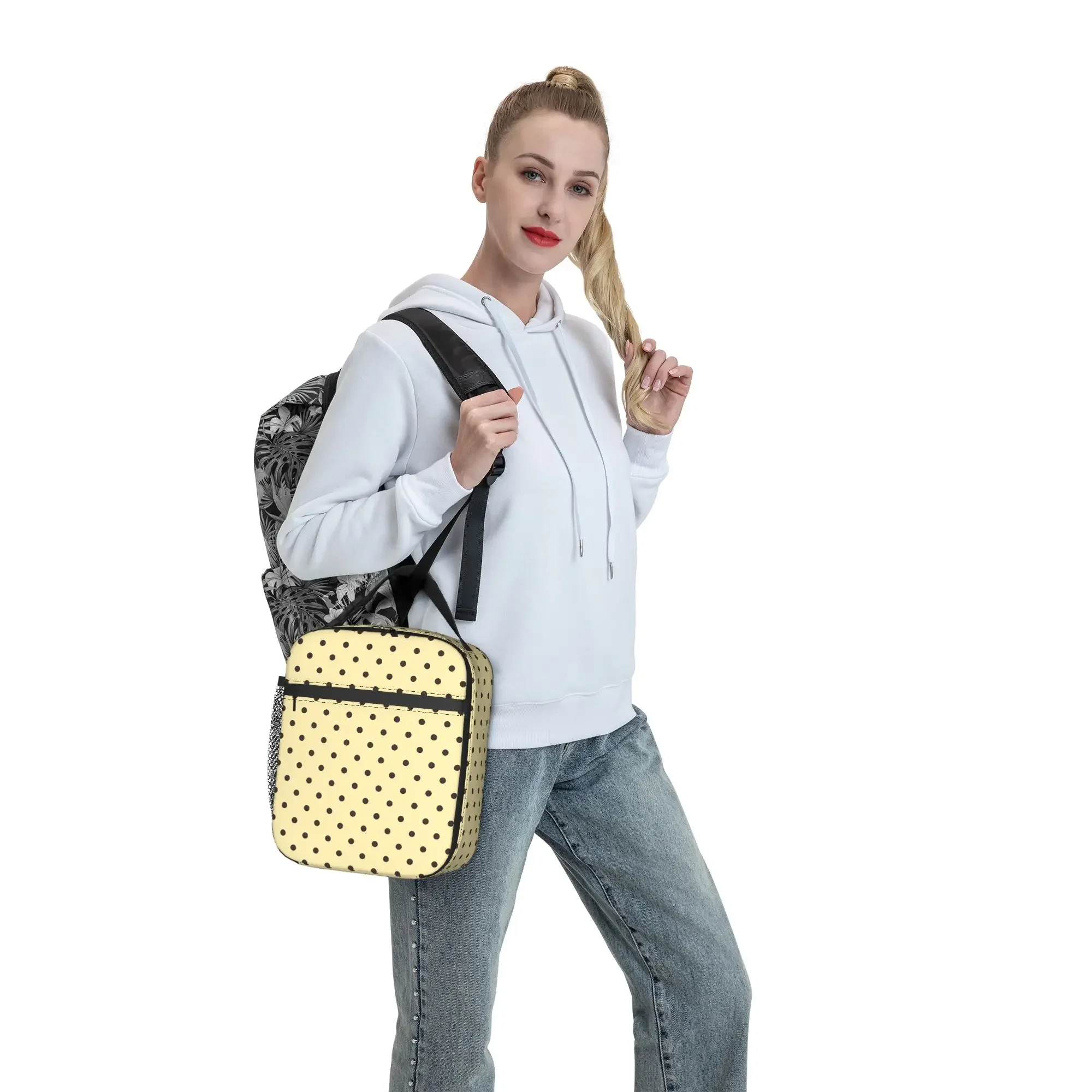 Lunch Bag Cream Black Polka Dot School Lunch Box For Women  Casual Portable Graphic Cooler Bag