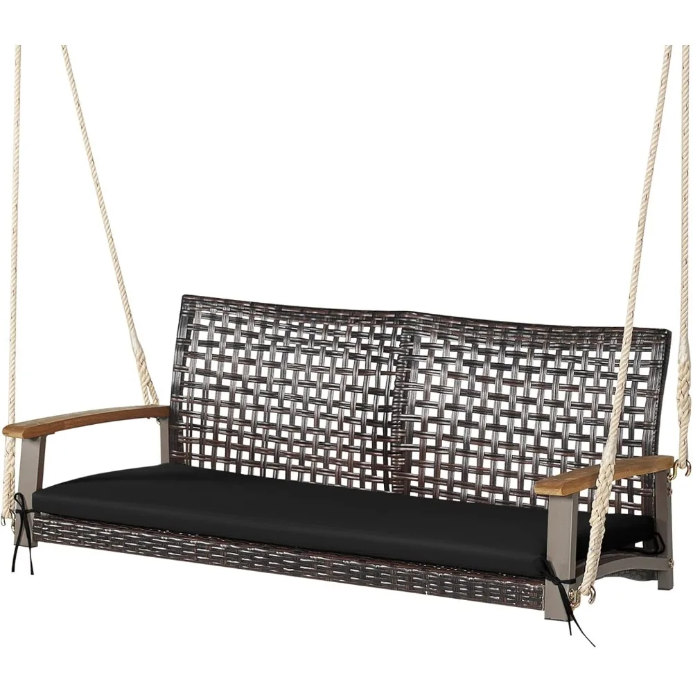 

2-Seat Rattan Porch Swing Chair, Outdoor Wicker Swing Bench with Seat Cushion & Acacia Wood Armrests, Two 118” Hanging